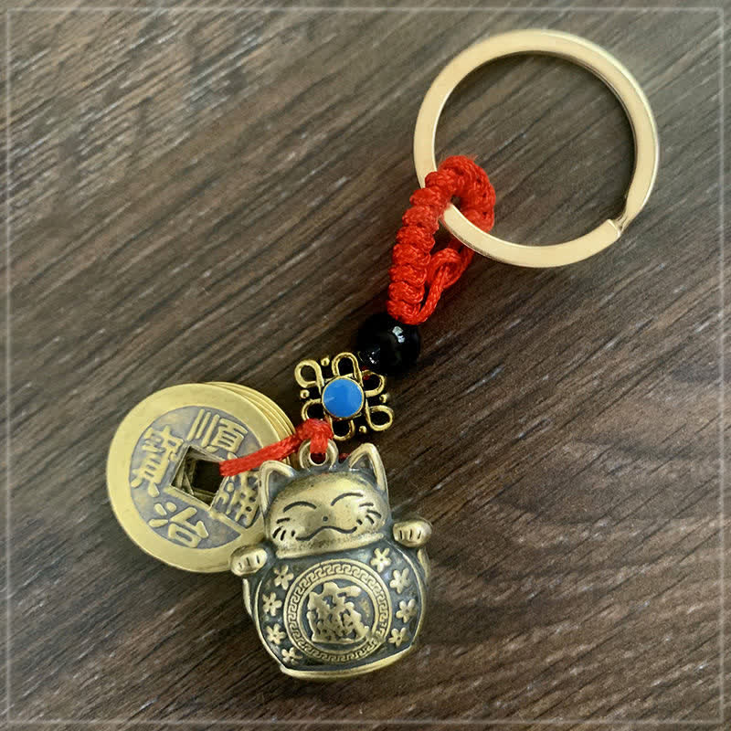 Buddha Stones Feng Shui Five Emperor Coins Lucky Cat Money Wealth Keychain - Lucky Cat - image 0