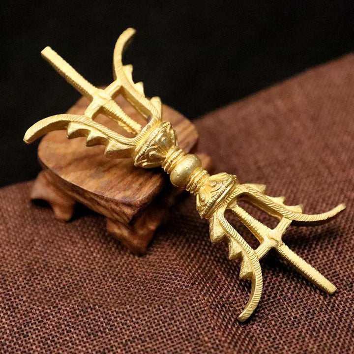 Buddha Stones Handmade Nepal Five Prong Three Prong Vajra Dorje Strength Copper Decoration - Golden Three Prong Vajra Dorje-14cm - image 13