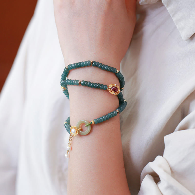 Buddha Stones 925 Sterling Silver Gold Plated Cyan Jade Flower Peace Buckle Success Triple Wrap Bracelet - Cyan Jade(Success♥Healing) - image 0