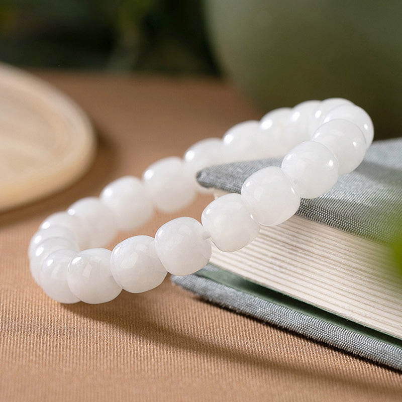 Buddha Stones Hetian White Jade Happiness Blessing Bracelet - image 1