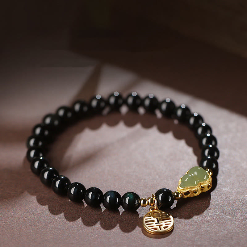 Buddha Stones Natural Black Obsidian Hetian Jade Gourd Double Happiness Strength Bracelet - image 2