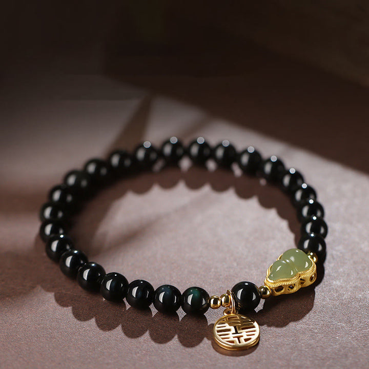 Buddha Stones Natural Black Obsidian Hetian Jade Gourd Double Happiness Strength Bracelet - image 2