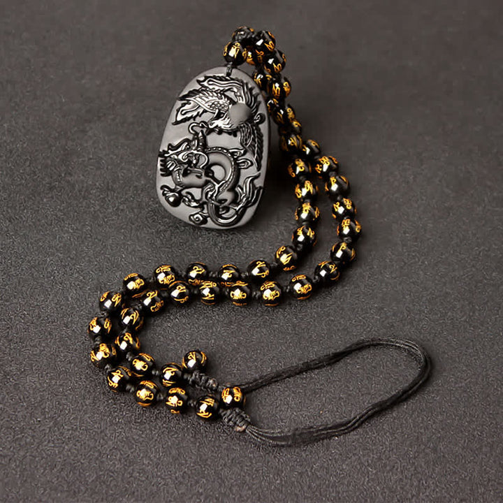 Buddha Stones Black Obsidian Tiger Eye Dragon Phoenix Protection Beaded Necklace Pendant - Obsidian Gold Retractable Bead String - image 10