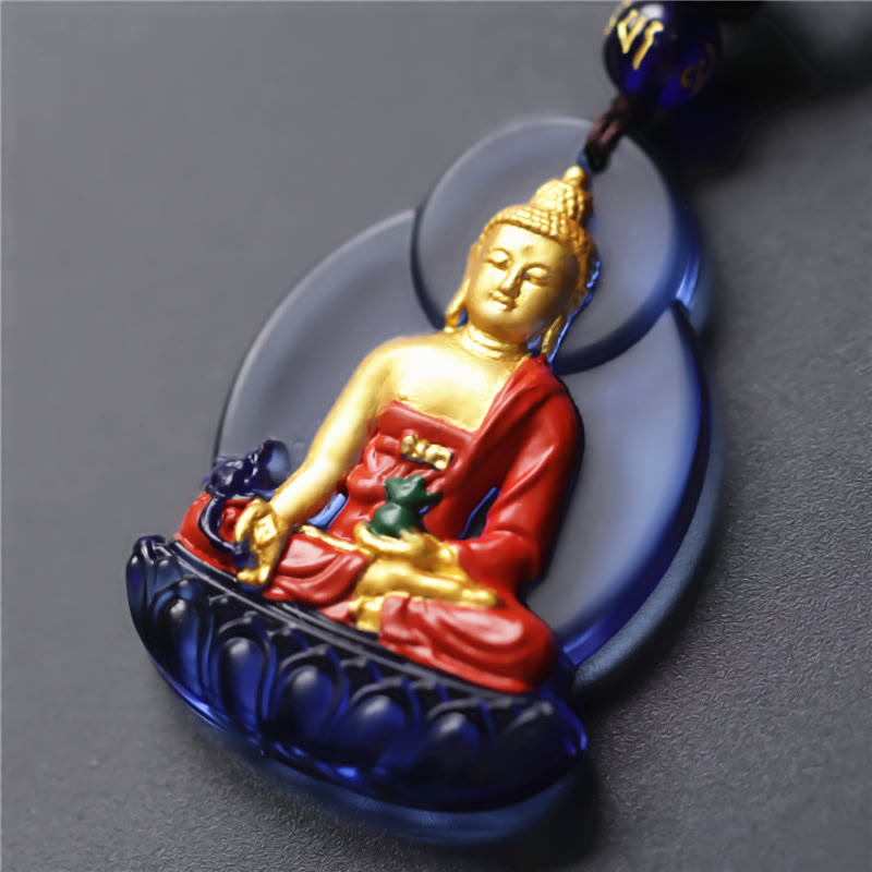 Buddha Stones Tibet Medicine Buddha Liuli Crystal Compassion Necklace Pendant - Blue Gold Medicine Buddha - image 0