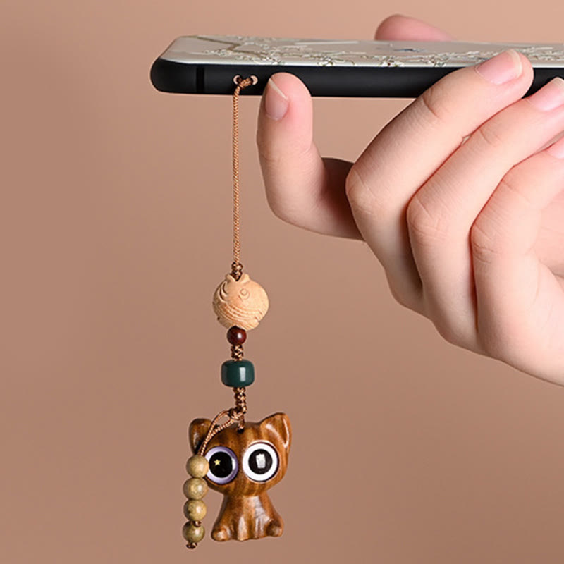 Buddha Stones Green Sandalwood Lucky Cat Koi Fish Cure Key Chain Phone Hanging Decoration - image 20