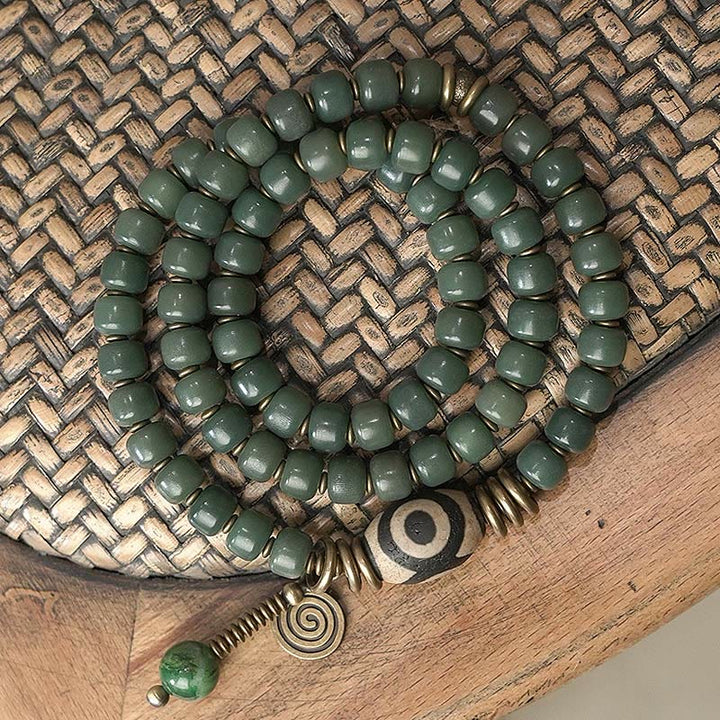 Cyan Bodhi Seed Dzi Bead Wisdom Peace Triple Wrap Bracelet - 18cm - image 0