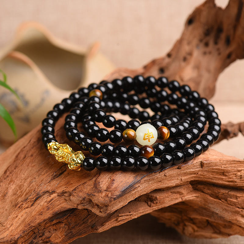 Buddha Stones Chinese Zodiac Obsidian PiXiu Protection Mala Bracelet - 8mm-Pig - image 0