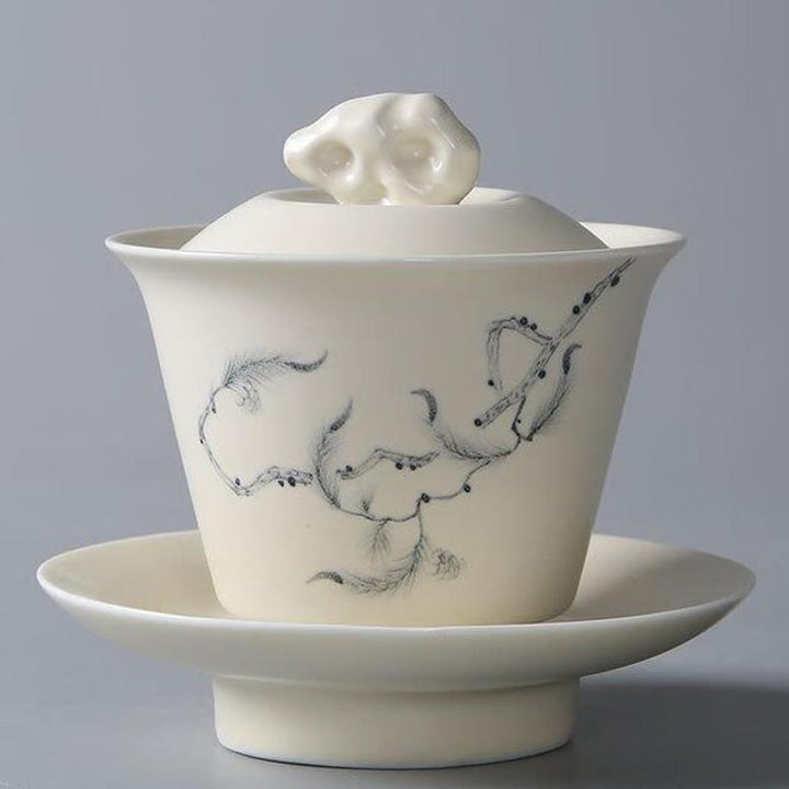 Buddha Stones Hand Painted Pomegranate Hibiscus Pine Lotus Ceramic Gaiwan Sancai Teacup Kung Fu Tea Cup And Saucer With Lid - 9*10cm*170ml - Pine - image 20