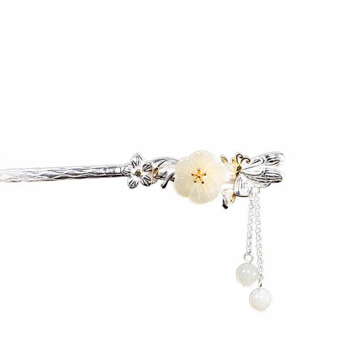 Buddha Stones 925 Sterling Silver Hetian White Jade Flower Blessing Hairpin - image 18