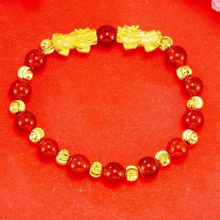Buddha Stones Electroplating Golden Double Pixiu Wealth Bracelet - image 2