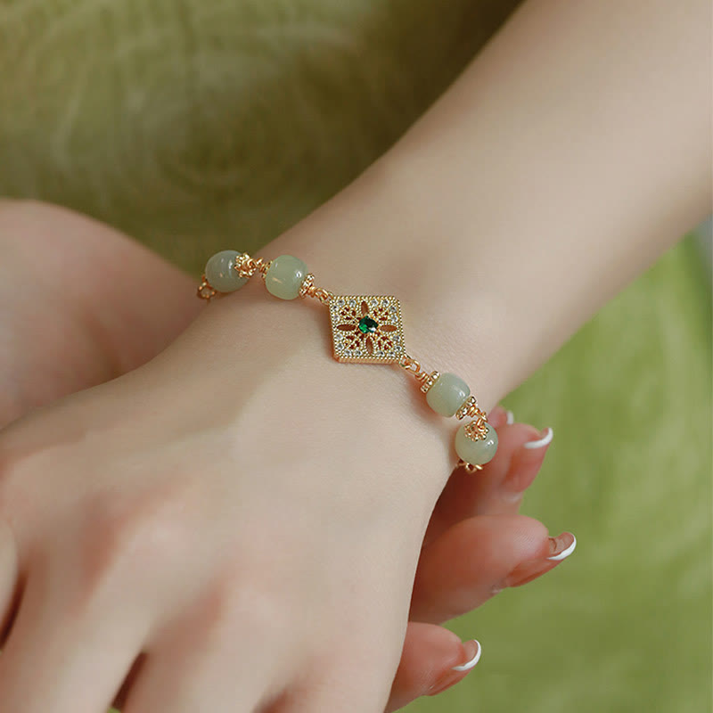 Buddha Stones Natural Hetian Jade Bead Square Pattern Luck Chain Bracelet - image 2