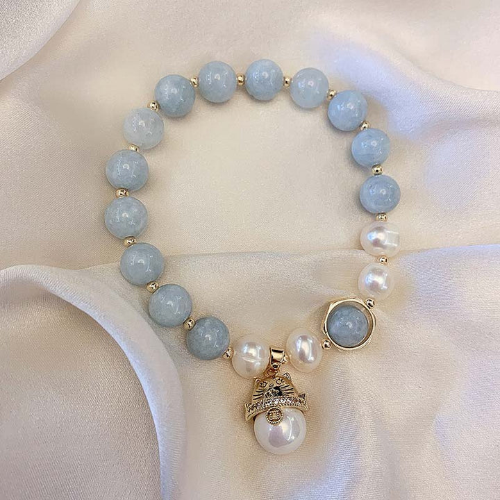 Buddha Stones Aquamarine Pearl Peace Healing Lucky Cat Charm Bracelet - image 5