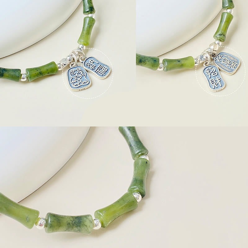 Buddha Stones 925 Sterling Silver Bamboo Jade Lucky Cat Fu Character Luck Abundance Bracelet - image 16