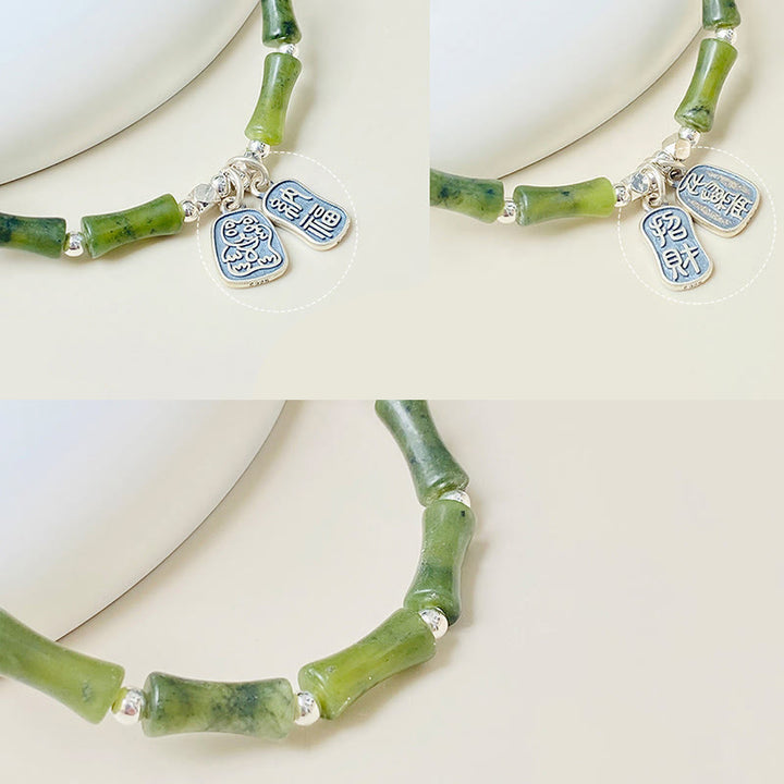 Buddha Stones 925 Sterling Silver Bamboo Jade Lucky Cat Fu Character Luck Abundance Bracelet - image 16