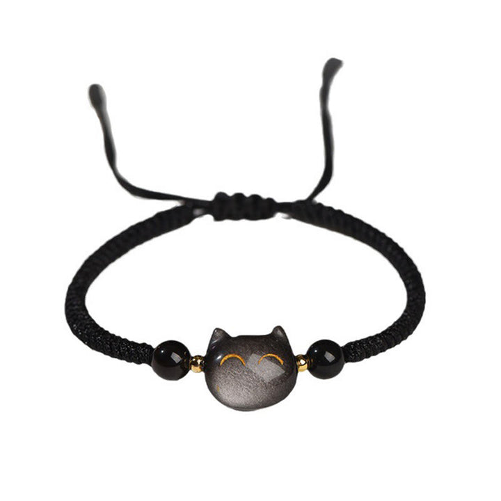 Buddha Stones Handmade Natural Silver Sheen Obsidian Strawberry Quartz Cute Cat Protection Braided Bracelet - image 4