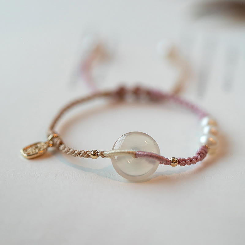 Buddha Stones Chalcedony Round Peace Buckle Positive String Bracelet - Pink Beige - image 7