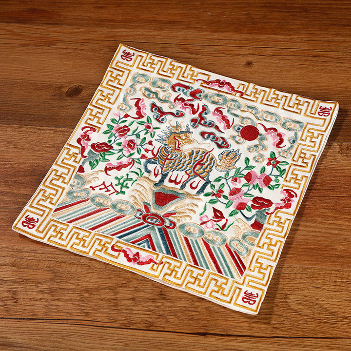Buddha Stones Crane Phoenix Dragon Kirin Embroidered Cup Mat Pad Tea Cup Coaster Square Kung Fu Tea Mat - Beige Kirin - image 32