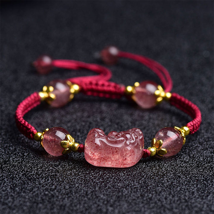 Buddha Stones Natural Strawberry Crystal Pixiu Charm Lucky Red String Bracelet - image 1