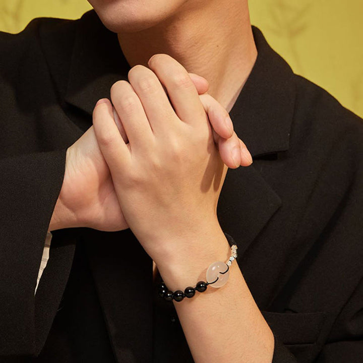 Buddha Stones 925 Sterling Silver Black Obsidian Agate Peace Buckle Strength Bracelet - image 6