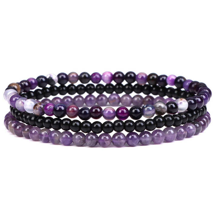 Buddha Stones 3Pcs Natural Crystal Stone Inner Peace Spiritual Bracelet - 4mm Black Glass Beads&Amethyst(Wrist Circumference 15-16cm) - image 0
