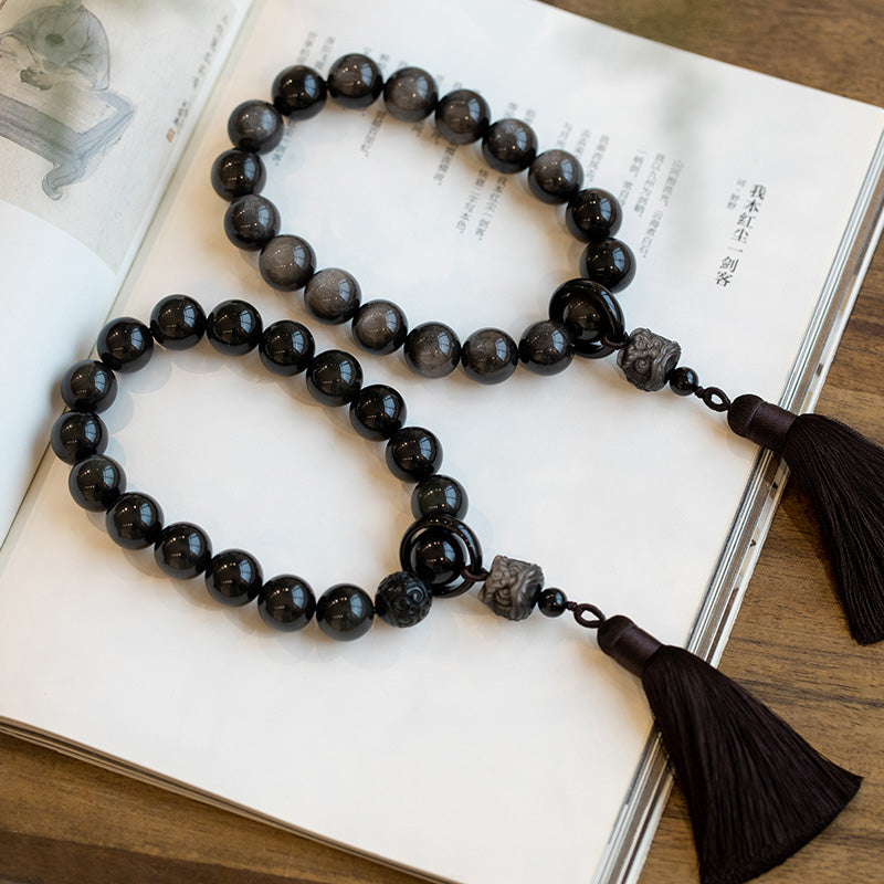 Buddha Stones Natural Silver Sheen Obsidian Black Obsidian Lion Wrist Mala Protection Tassels Pocket Mala Car Decoration - image 14