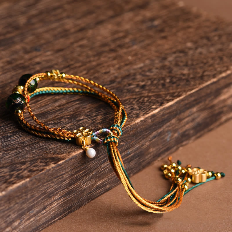 Buddha Stones Tibetan Handmade Rope Liuli Glass Bead Braided Multilayered Healing Bracelet - image 1