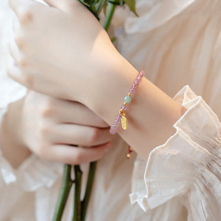 Buddha Stones Natural Strawberry Quartz Garnet Jade Lucky Fortune Fu Character Healing Charm Bracelet - image 7