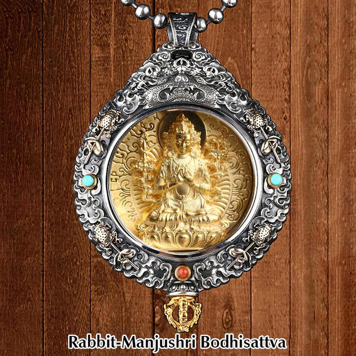 Buddha Stones Chinese Zodiac Natal Buddha Thangka Nine Palaces Eight Diagrams Wealth Rotatable Necklace Pendant - Rabbit-Manjushri Bodhisattva - image 5