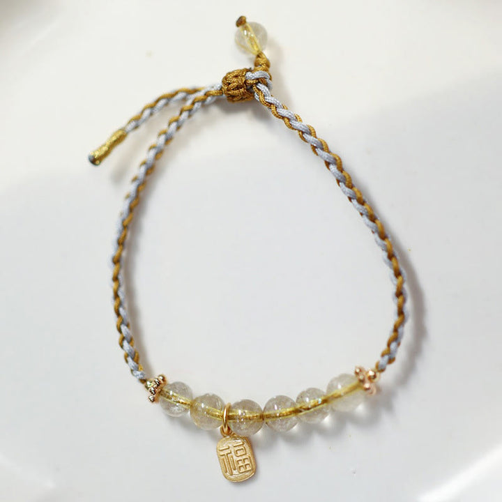 Buddha Stones 925 Sterling Silver Natural Jade Gourd Rutilated Quartz Fu Character Luck Braid Bracelet - image 7