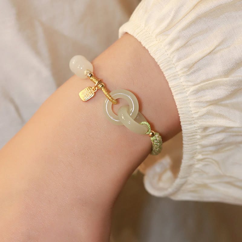 Buddha Stones Natural Hetian Jade Bead Double Peace Buckle Fu Character Abundance Braided Bracelet - image 20