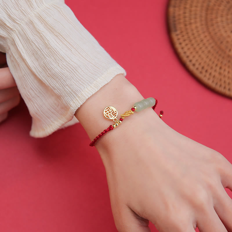 Buddha Stones Handcrafted Jade Bead Fu Character Charm Luck Red Rope Bracelet - image 5