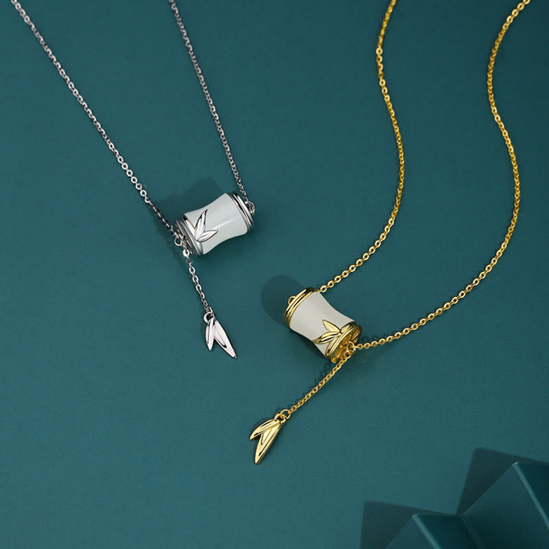 Buddha Stones 925 Sterling Silver 22K Gold Hetian White Jade Bamboo Leaf Luck Necklace Pendant Bracelet - image 1