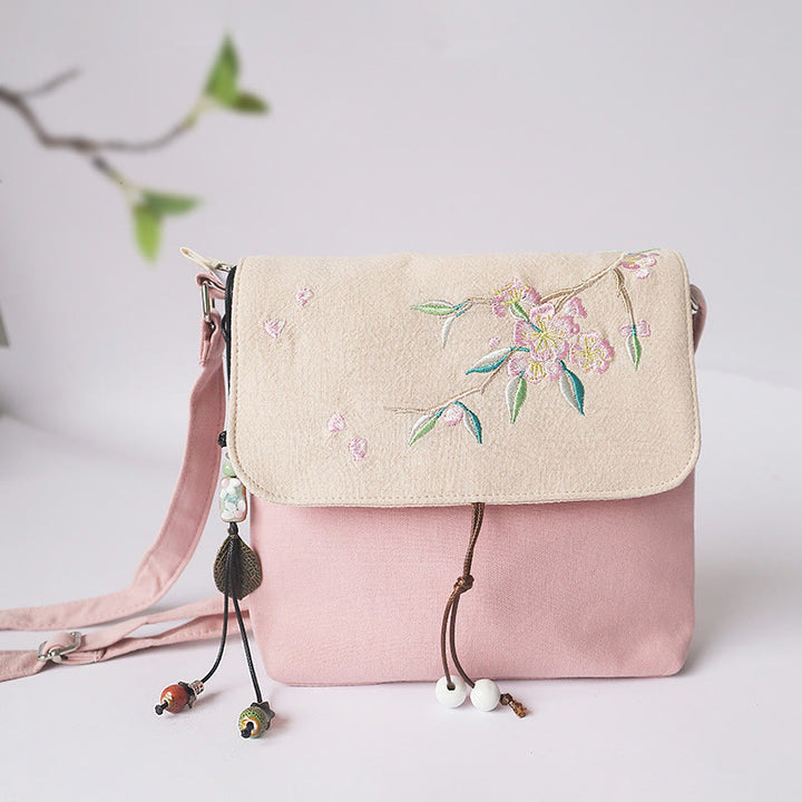 Buddha Stones Handmade Embroidered Plum Flowers Canvas Crossbody Bag Shoulder Bag Handbag - Beige Pink Peach Blossom 17*19cm - image 7