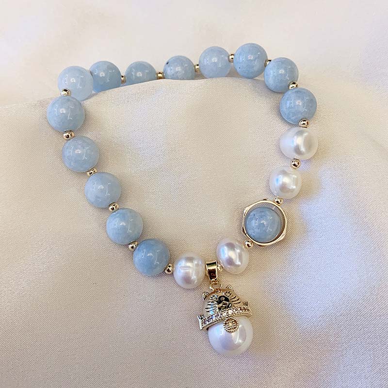 Buddha Stones Aquamarine Pearl Peace Healing Lucky Cat Charm Bracelet - Aquamarine - image 0