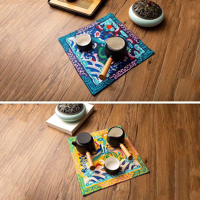 Buddha Stones Phoenix Dragon Kirin Embroidery Cup Mat Pad Tea Cup Coaster Kung Fu Tea Mat - image 35