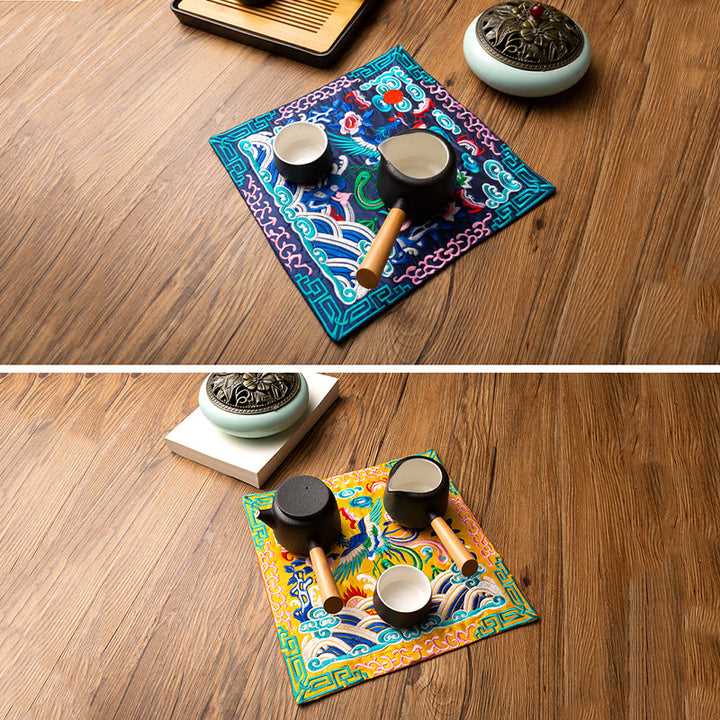 Buddha Stones Phoenix Dragon Kirin Embroidery Cup Mat Pad Tea Cup Coaster Kung Fu Tea Mat - image 35