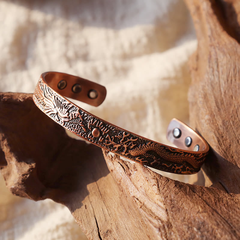 Buddha Stones Dragon Phoenix Magnetic Solid Copper Cuff Bracelet Bangle - image 2