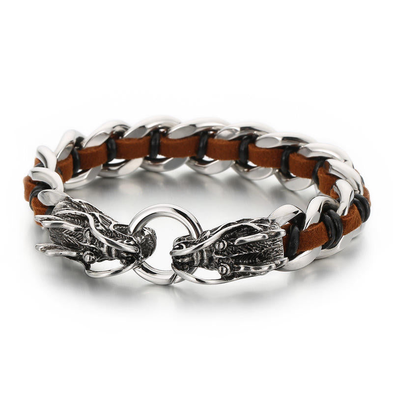 Buddha Stones Dragon Leather Titanium Steel Protection Luck Braided Bracelet - Brown - image 7