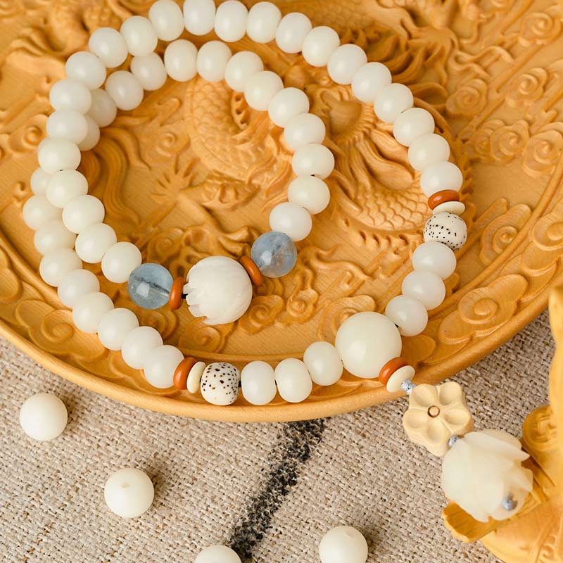 Buddha Stones Tibetan White Jade Bodhi Lotus Blessing Bracelet - image 0