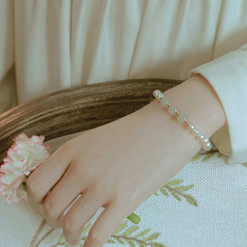 Buddha Stones 14K Gold Plated Natural Pearl Hetian Cyan Jade White Jade Sincerity Bead Chain Bracelet - image 23