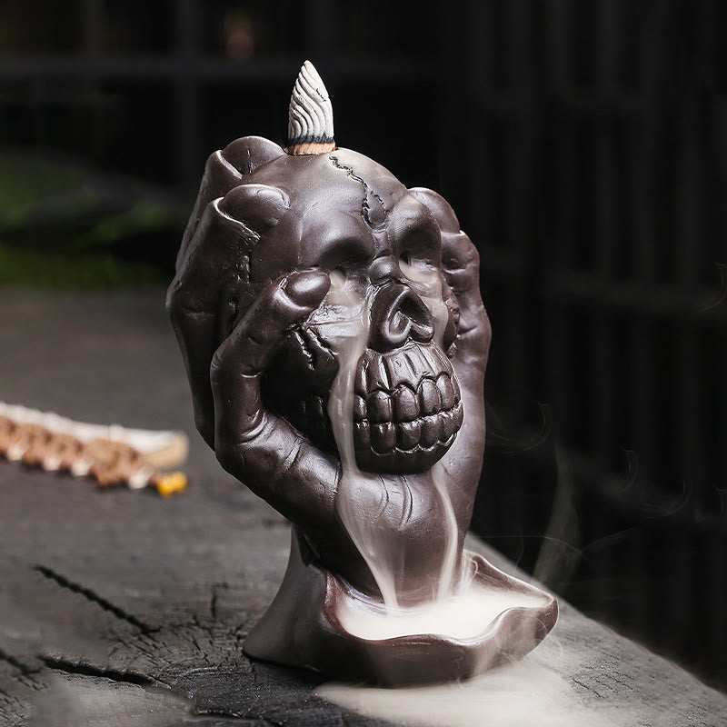 Buddha Stones Halloween Skull With Ghost Hand Purple Clay Spiritual Incense Burner Decoration - image 1