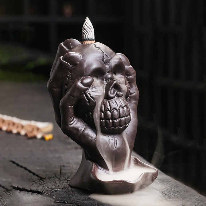 Buddha Stones Halloween Skull With Ghost Hand Purple Clay Spiritual Incense Burner Decoration - image 1
