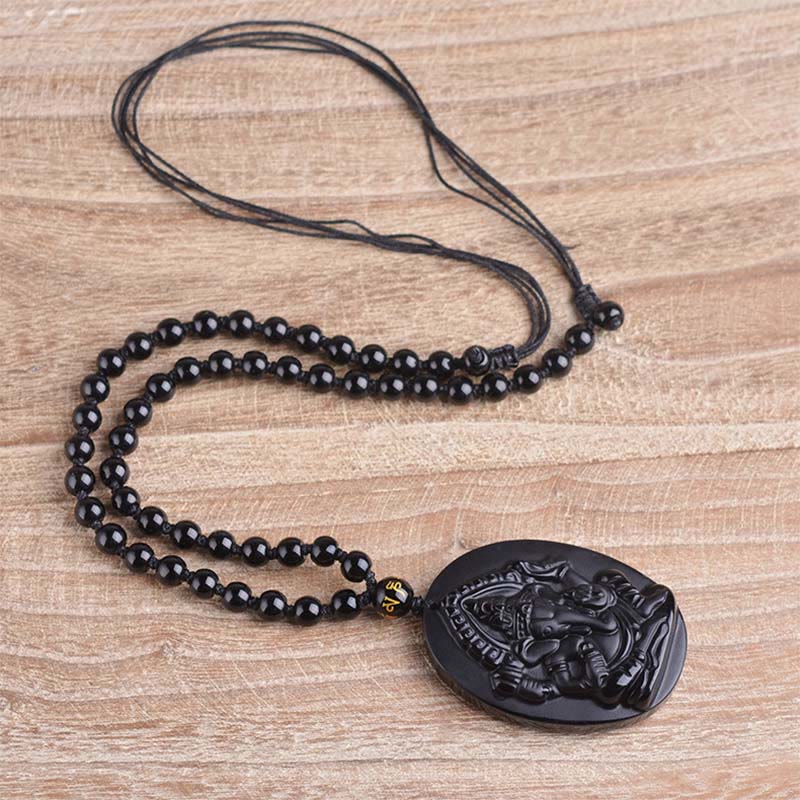 Buddha Stones Tibetan Obsidian Ganesh Ganpati Elephant Wealth Amulet Necklace - image 9