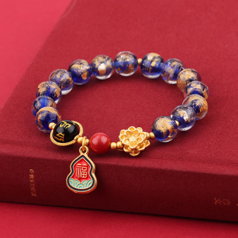 Buddha Stones Tibet Om Mani Padme Hum Fu Character Gourd Charm Lotus Liuli Glass Bead Luck Bracelet - 10mm Blue Liuli Glass Bracelet(Wrist Circumference 14-16cm) - image 5