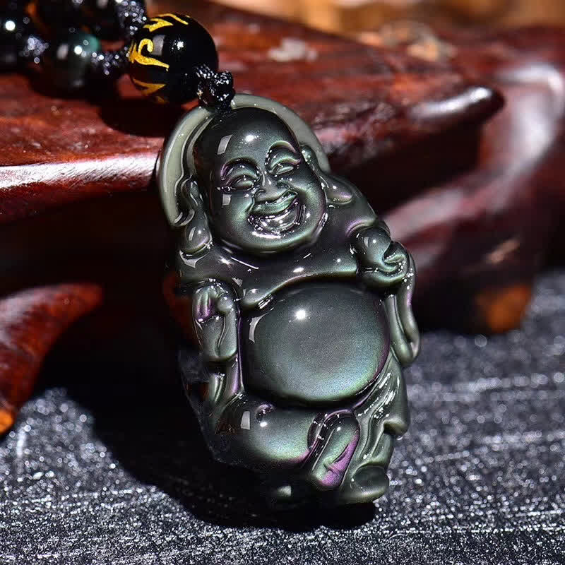 Natural Rainbow Obsidian Laughing Buddha Inner Peace Necklace Pendant - image 1