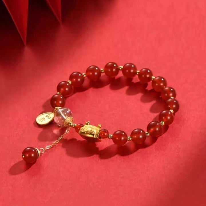 Buddha Stones Year of the Dragon Dumpling Natural Red Agate Garnet Hetian Jade Fu Character Luck Success Bracelet - image 3