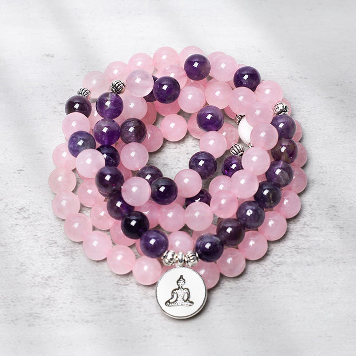 Buddha Stones Natural Rose Quartz & Amethyst Mala Bead Lotus Pendant Bracelet - Buddha Pendant - image 5
