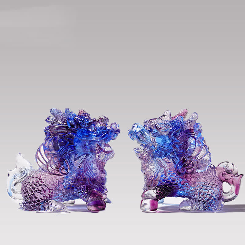 Buddha Stones Feng Shui Kirin Handmade Liuli Crystal Art Piece Home Office Decoration - Purple - A Pair - image 2