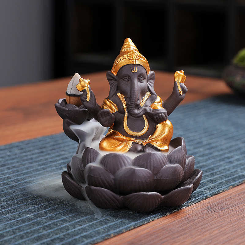 Ganesh Elephant Purple Clay Backflow Smoke Fountain Protection Incense Burner - Gold - image 0
