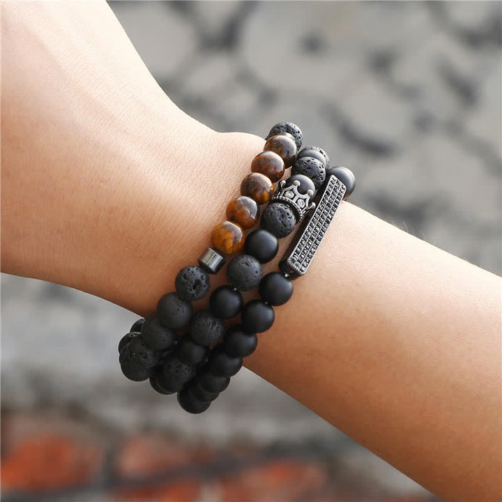 Buddha Stones 3Pcs Frosted Stone Lava Rock Tiger Eye Activate Bracelet - image 3